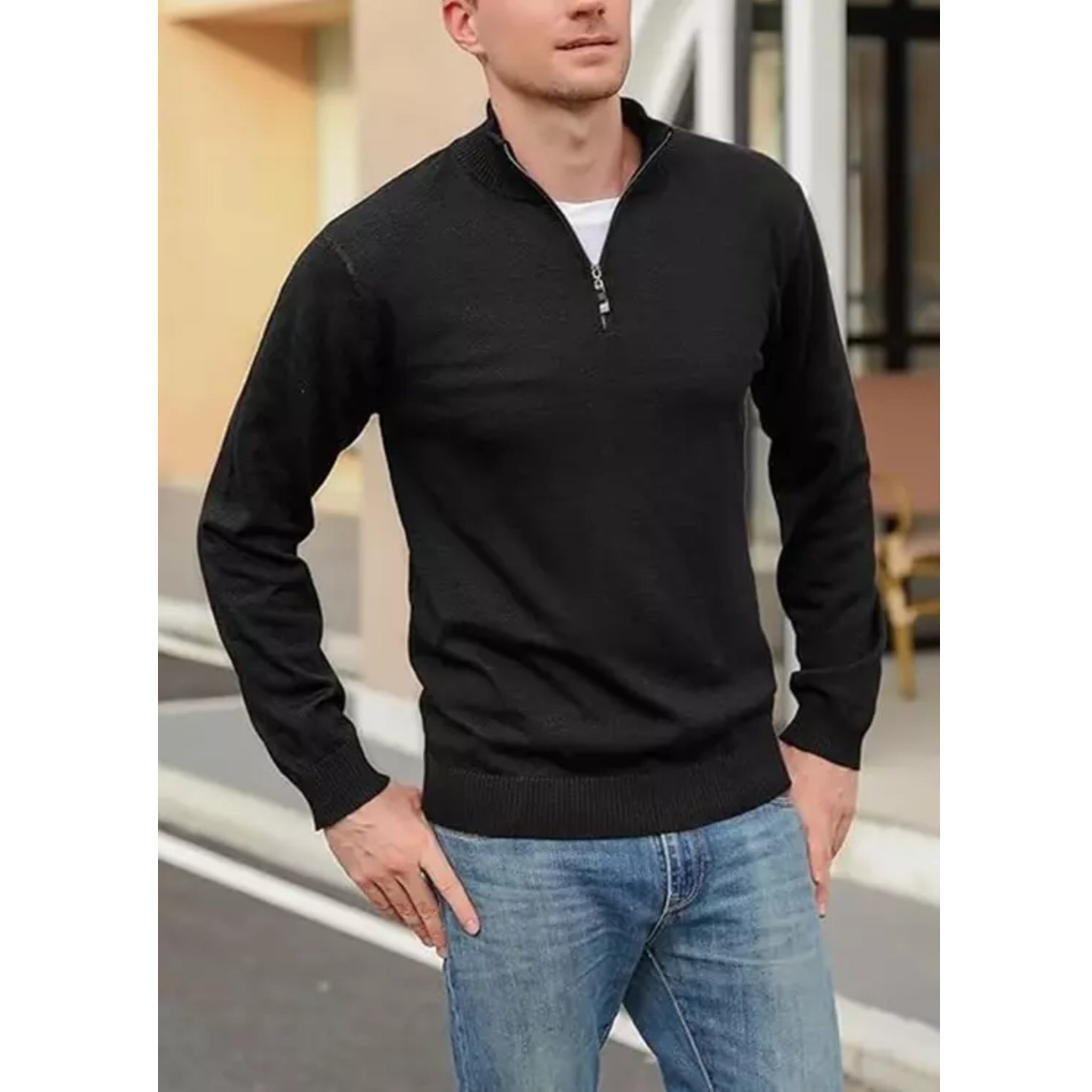 Men's high-quality classic 1/4 zip jumper in black – long sleeve knit sweater with ribbed cuffs and hem, ideal for smart casual wear